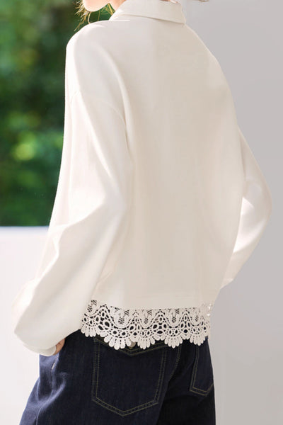 Versatile Fashionable Lace Patchwork Polo Sweatshirt