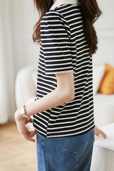 Polo Collar Lace Decor Tuck Sleeve Shirt