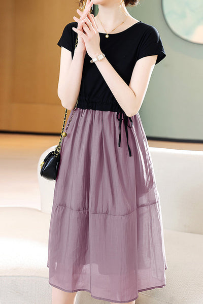 Round Neck Docking Prairie Dress with Lining