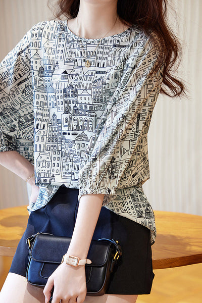 Round Neck Illustrated Print Short Sleeve Blouse