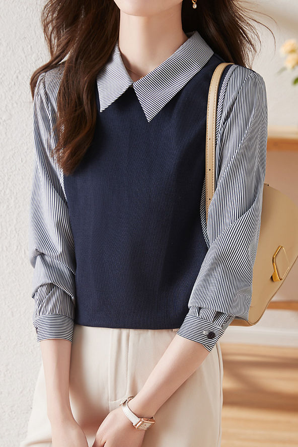 Commuter Versatile Polo Collar Stripe Long-Sleeve Fake Two-Piece Sweatshirt