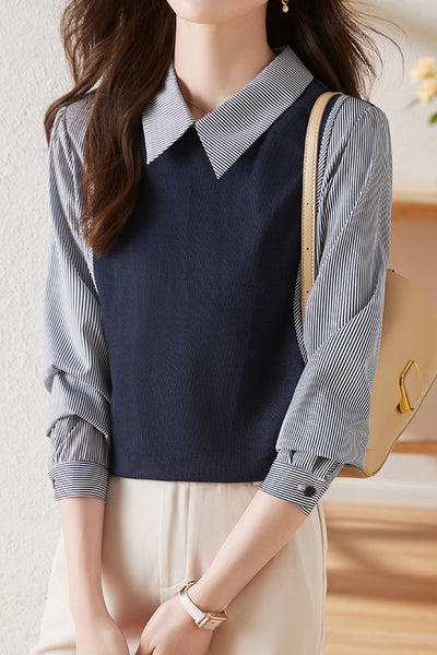 Commuter Versatile Polo Collar Stripe Long-Sleeve Fake Two-Piece Sweatshirt