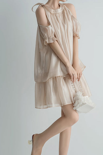 [Restock] Band Collar Shoulder-Baring Tiered Dress with Lining