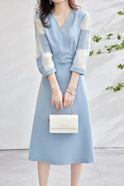Mixed Material Sheer Check Contrast Crossover Belt Long Dress - 2 Colors Available