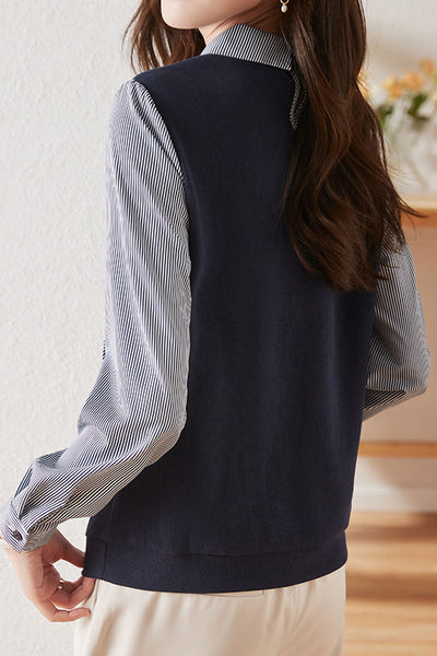 Commuter Versatile Polo Collar Stripe Long-Sleeve Fake Two-Piece Sweatshirt