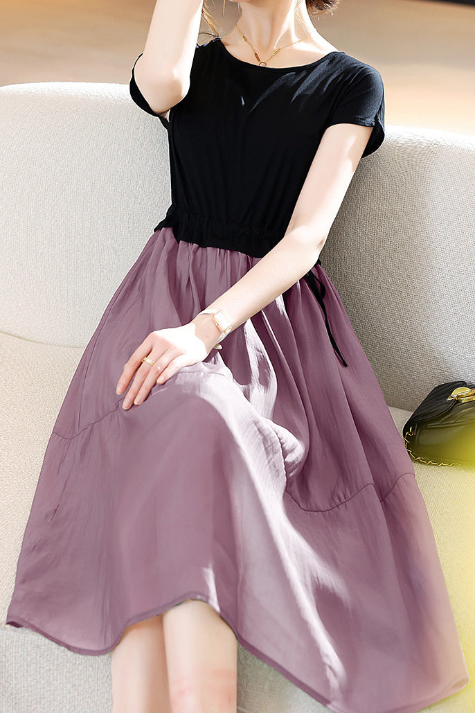 Round Neck Docking Prairie Dress with Lining