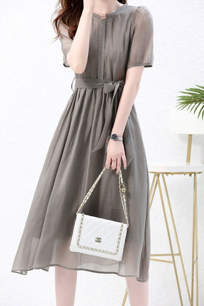 Nail Color Pintuck Belted Long Dress with Lining - 3 Colors Available