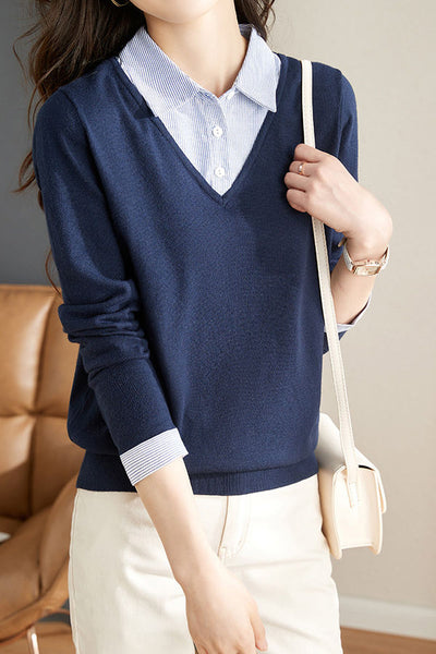 Casual Office Polo Collar Spliced Fake Two-Piece Knit Top