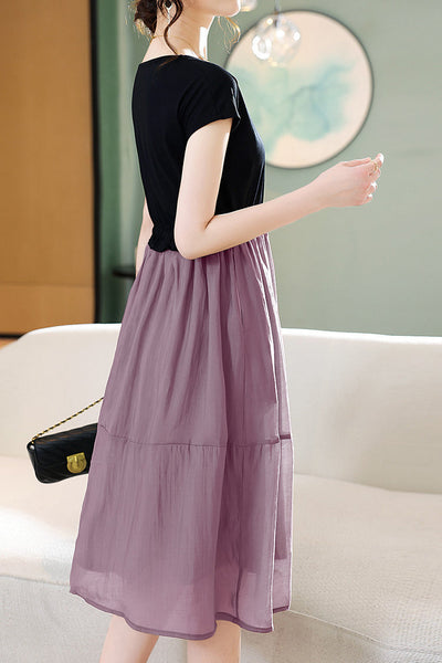 Round Neck Docking Prairie Dress with Lining