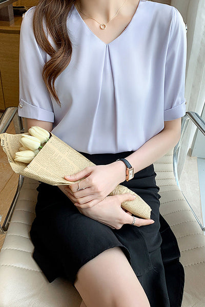 V-Neck Front Tuck-In Short Sleeve Blouse - 2 Colors Available