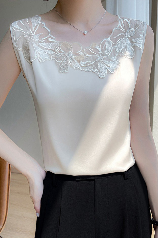 Round Neck Embroidered Lace Contrast Satin Vest - 3 Colors Available