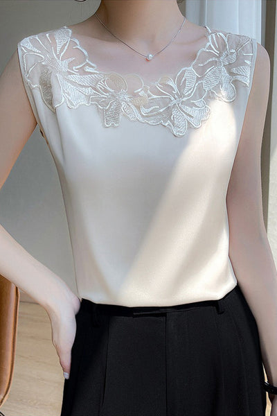 Round Neck Embroidered Lace Contrast Satin Vest - 3 Colors Available