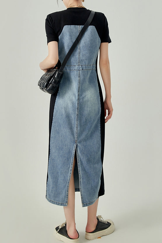 Mixed Material Contrast Back Slit Long Shift Denim Dress