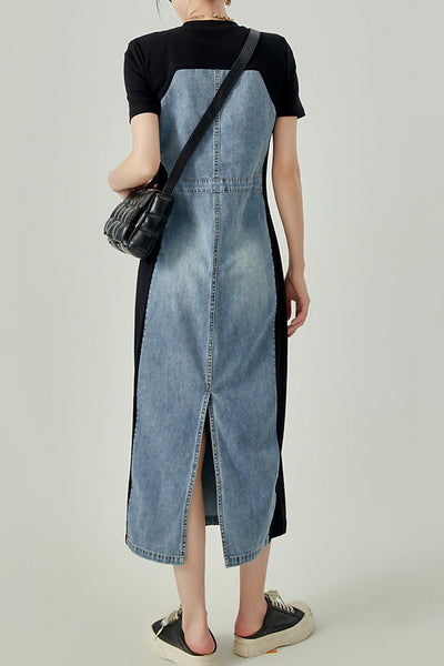 Mixed Material Contrast Back Slit Long Shift Denim Dress