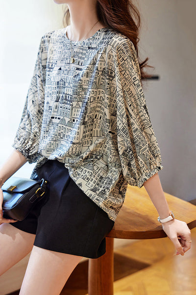 Round Neck Illustrated Print Short Sleeve Blouse