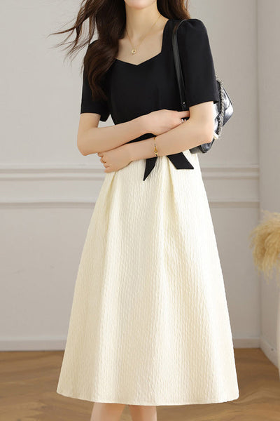 Bi-Color Square Neck Tie-Belted Flare Dress with Lining