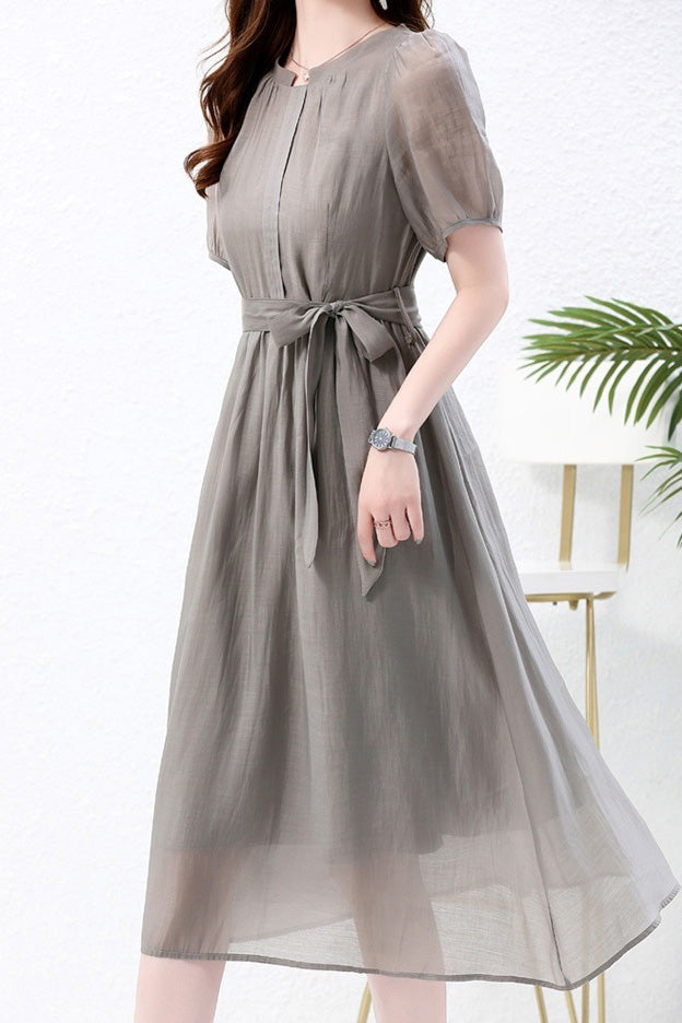 Nail Color Pintuck Belted Long Dress with Lining - 3 Colors Available