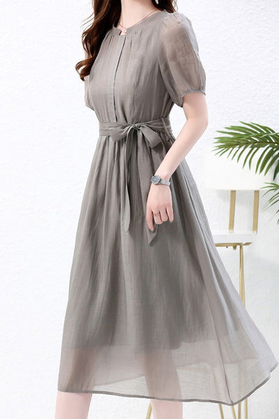 Nail Color Pintuck Belted Long Dress with Lining - 3 Colors Available