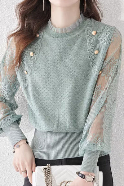 Button Decor Flower Tulle Sleeve Knit Top - 3 Colors Available