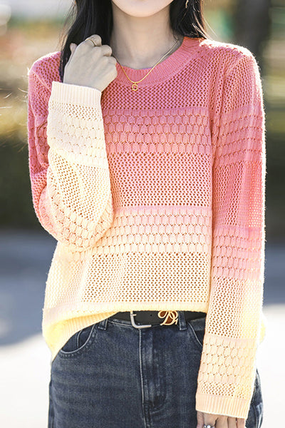 Early Autumn Casual Color-Block Gradient Crew Neck Pullover Sweater