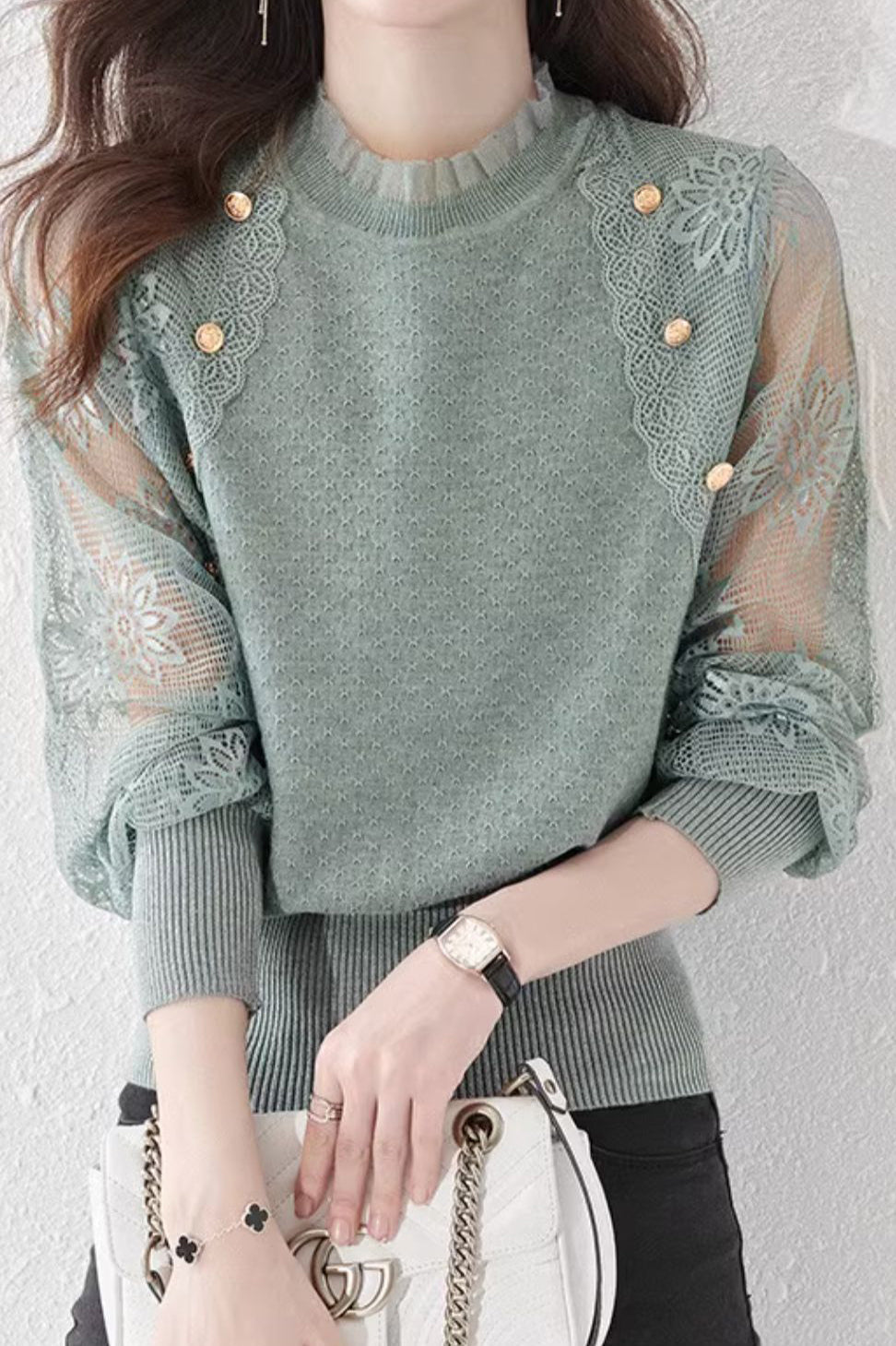Button Decor Flower Tulle Sleeve Knit Top - 3 Colors Available