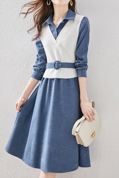 Layered Look Polo Collar Buckle Belted Dress - 3 Colors Available