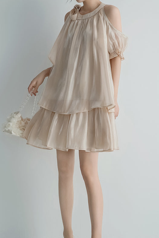 [Restock] Band Collar Shoulder-Baring Tiered Dress with Lining