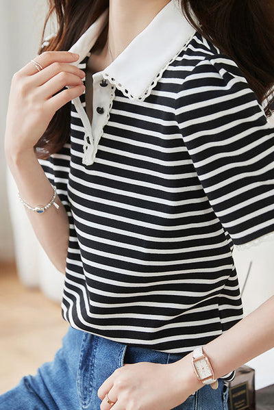 Polo Collar Lace Decor Tuck Sleeve Shirt