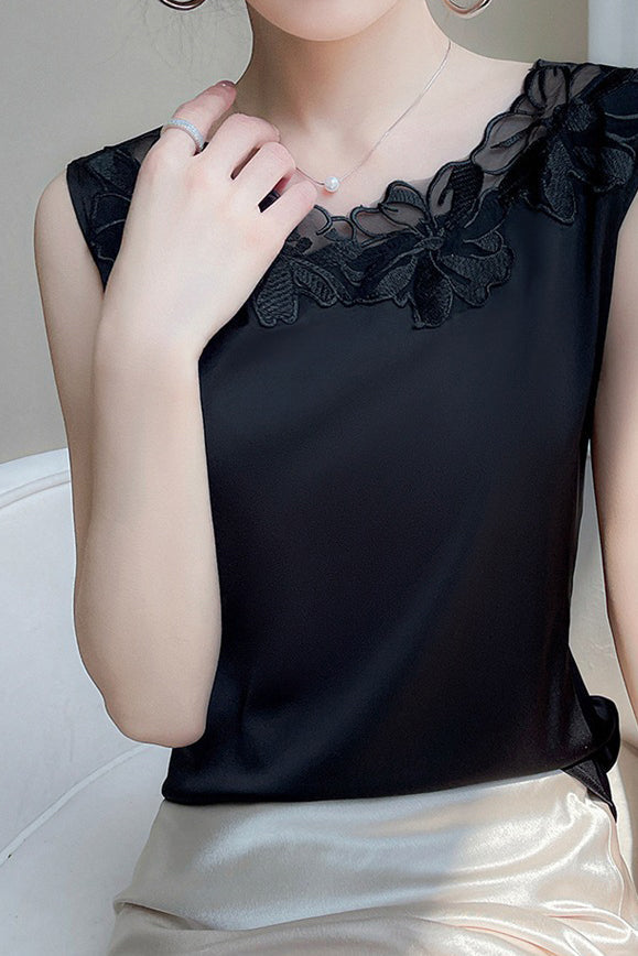 Round Neck Embroidered Lace Contrast Satin Vest - 3 Colors Available