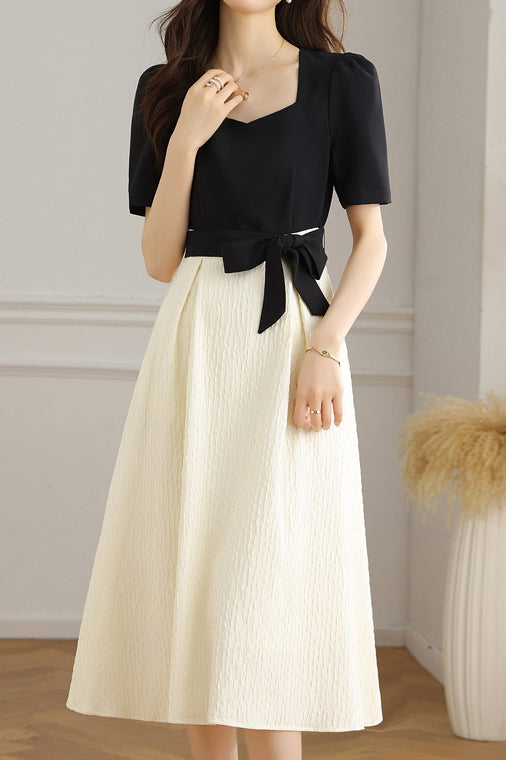 Bi-Color Square Neck Tie-Belted Flare Dress with Lining