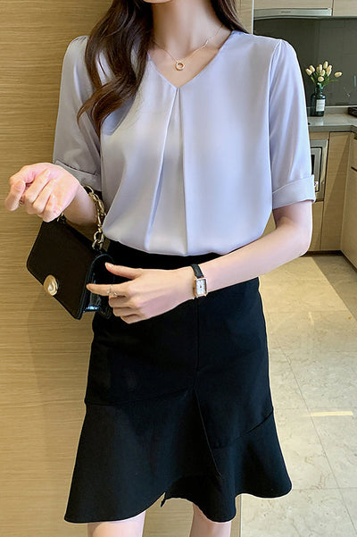 V-Neck Front Tuck-In Short Sleeve Blouse - 2 Colors Available