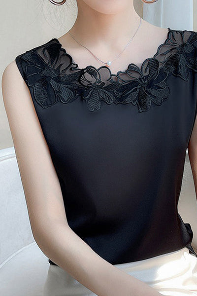 Round Neck Embroidered Lace Contrast Satin Vest - 3 Colors Available