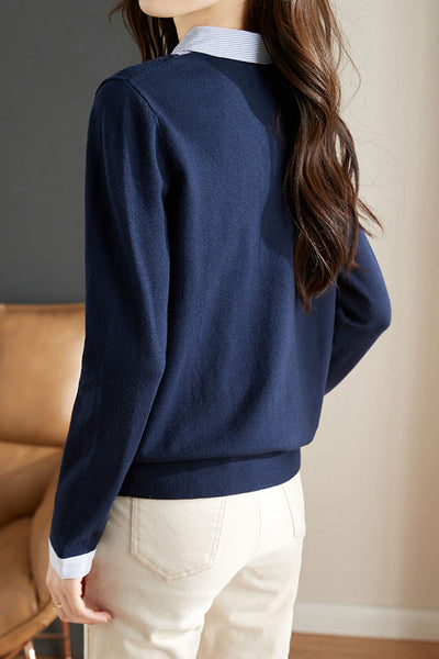 Casual Office Polo Collar Spliced Fake Two-Piece Knit Top