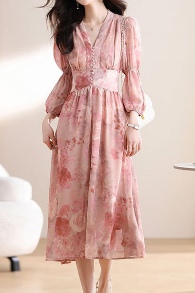 Early Autumn Exquisite Floral Long-Sleeve Dress