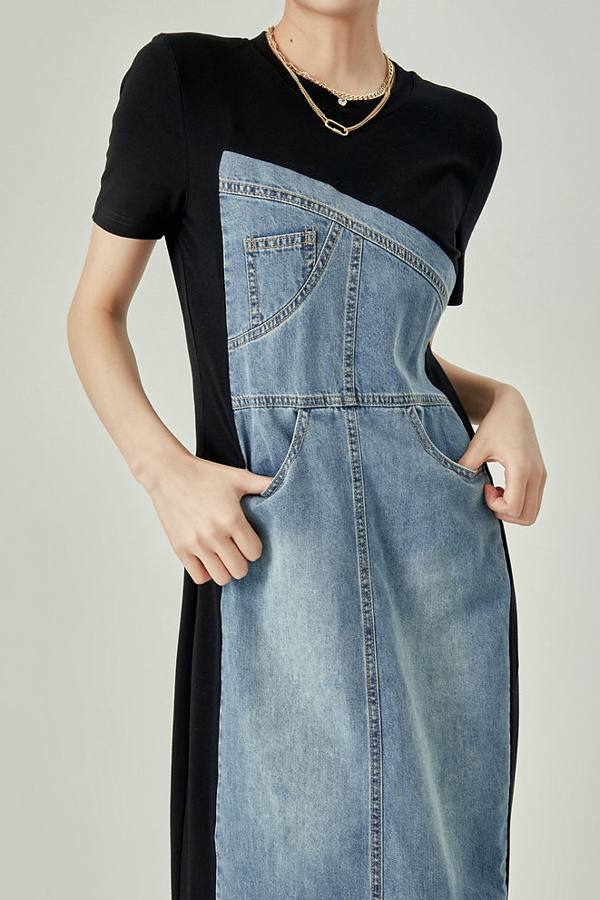 Mixed Material Contrast Back Slit Long Shift Denim Dress