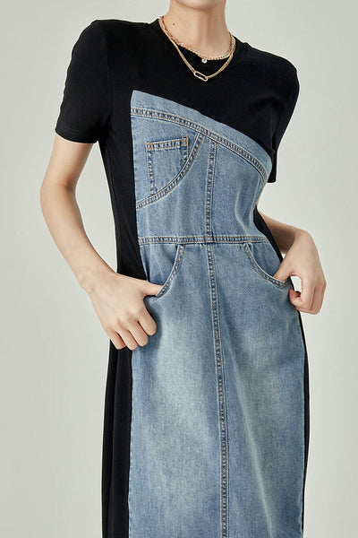 Mixed Material Contrast Back Slit Long Shift Denim Dress
