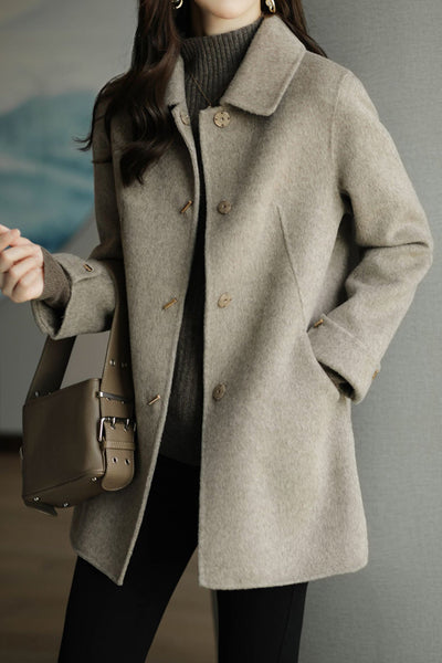 Stand Collar Turn-Up Cuff Melton Coat with Lining