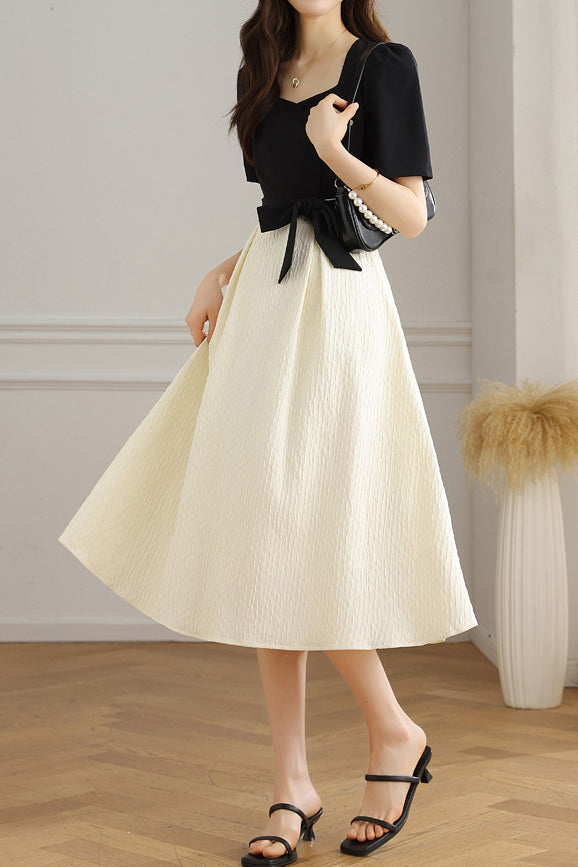 Bi-Color Square Neck Tie-Belted Flare Dress with Lining