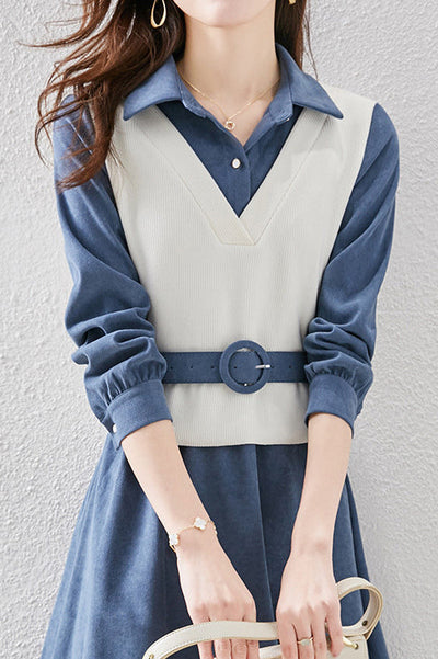Layered Look Polo Collar Buckle Belted Dress - 3 Colors Available