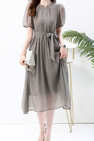 Nail Color Pintuck Belted Long Dress with Lining - 3 Colors Available