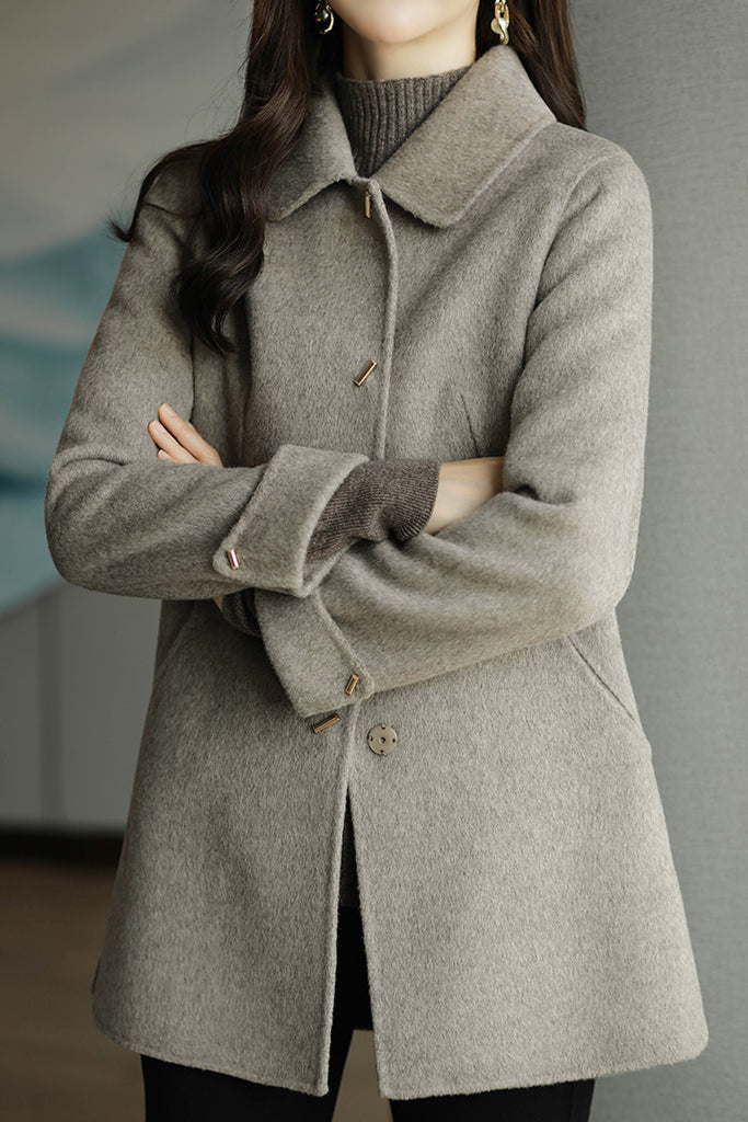 Stand Collar Turn-Up Cuff Melton Coat with Lining