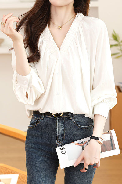 Early Autumn Stylish Ruched V-Neck Shirt