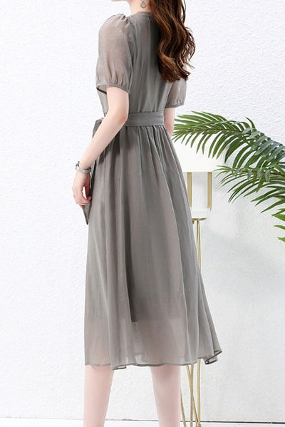 Nail Color Pintuck Belted Long Dress with Lining - 3 Colors Available