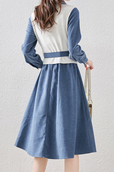 Layered Look Polo Collar Buckle Belted Dress - 3 Colors Available