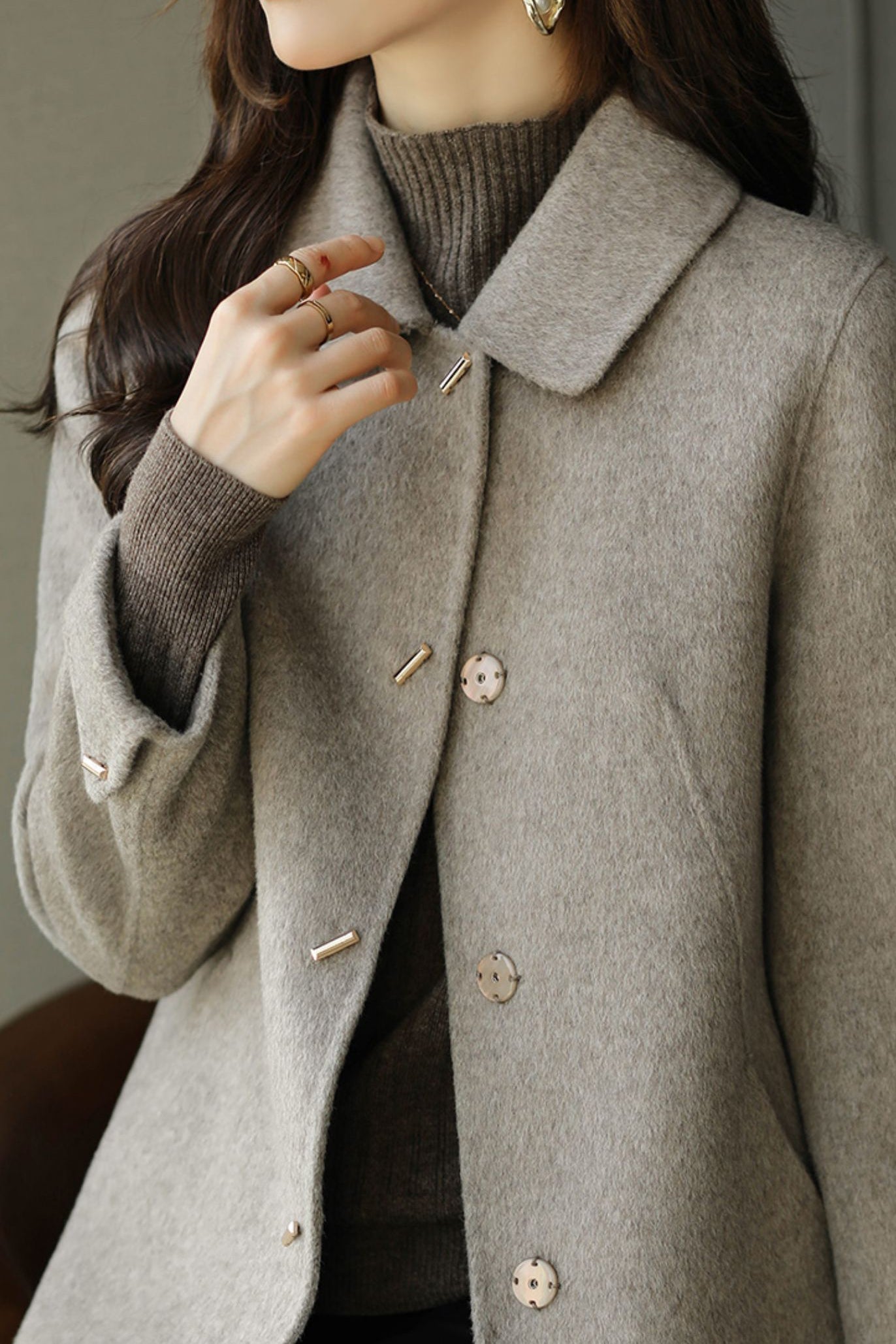 Stand Collar Turn-Up Cuff Melton Coat with Lining