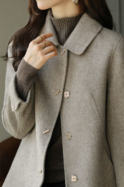 Stand Collar Turn-Up Cuff Melton Coat with Lining