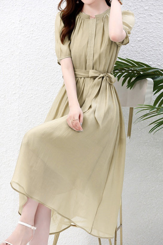 Nail Color Pintuck Belted Long Dress with Lining - 3 Colors Available
