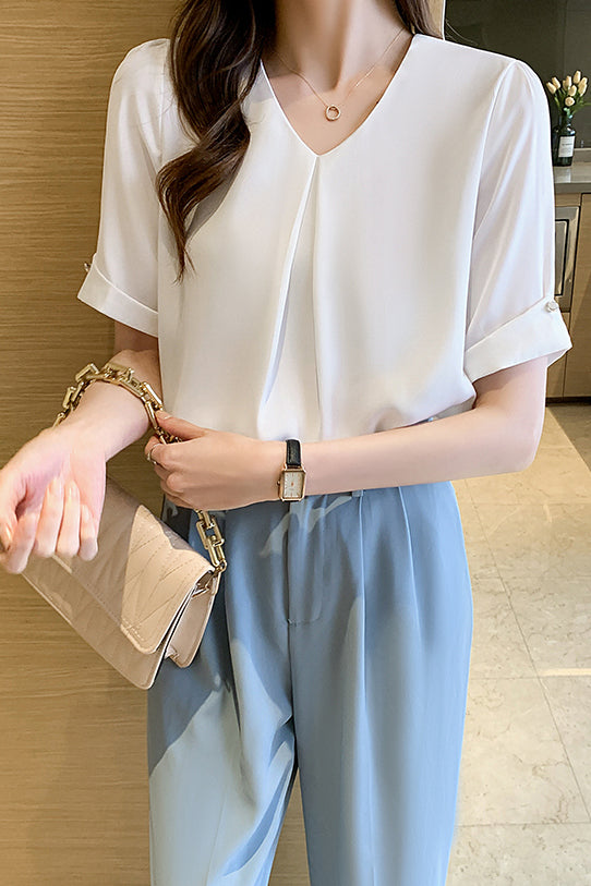 V-Neck Front Tuck-In Short Sleeve Blouse - 2 Colors Available