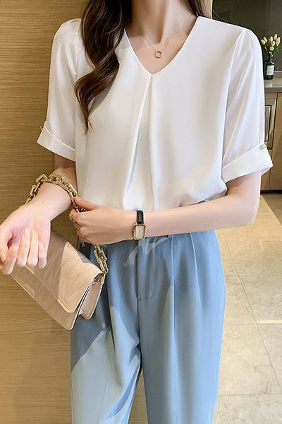 V-Neck Front Tuck-In Short Sleeve Blouse - 2 Colors Available