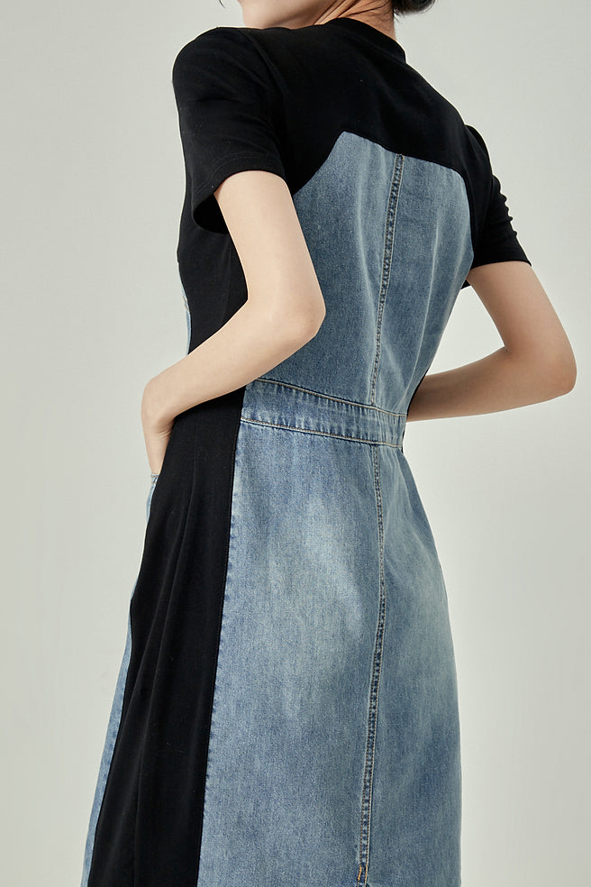 Mixed Material Contrast Back Slit Long Shift Denim Dress